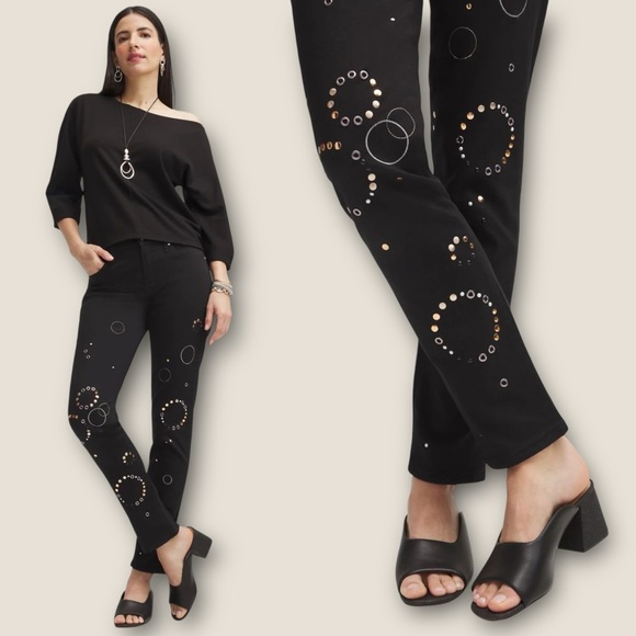 Chico’s Girlfriend Grommet Detail Ankle Jeans Size 12 Petite Black Denim Stretch - Picture 1 of 10